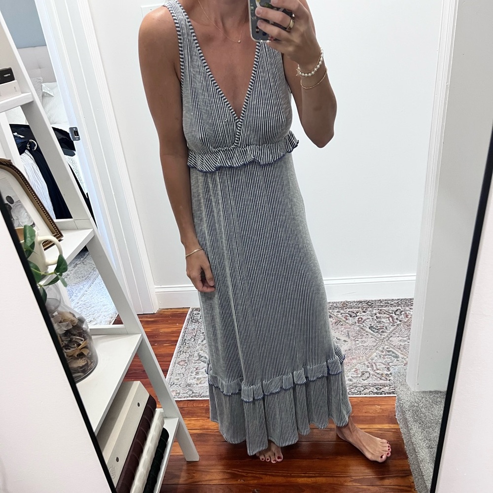 Caution To The Wind Navy Blue and White Striped Maxi Dress